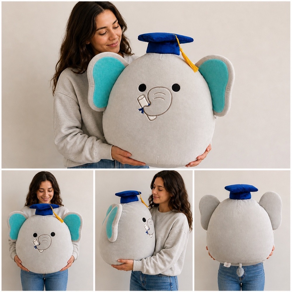 Squishmallows Mila the Elephant Graduation Plush Grey Blue Cap Large 16‎ Inch